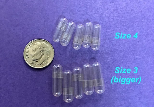 two sizes of gelatin capsules that are great for training a dog to take a pill