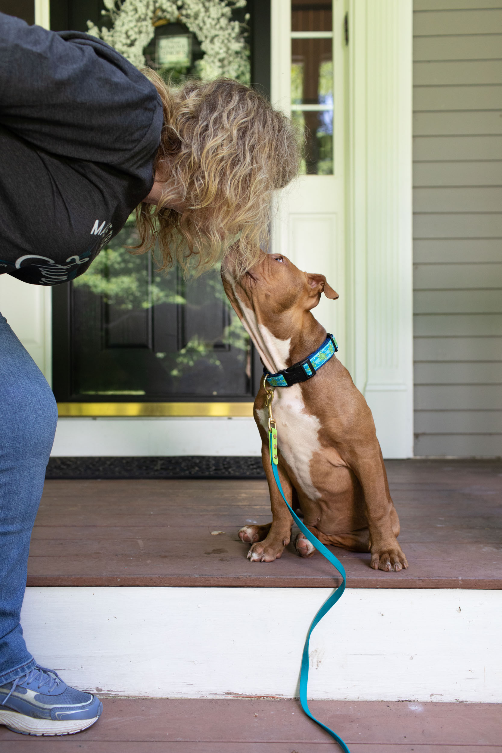 A stocky brown dog reaching up to kiss article author Kelley Fahey.