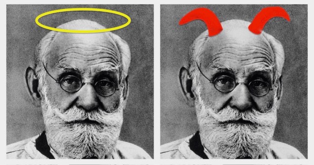 Which Pavlov Is on Your Shoulder? Two photos of Pavlov, side by side, one with a halo and one with devil's horns.