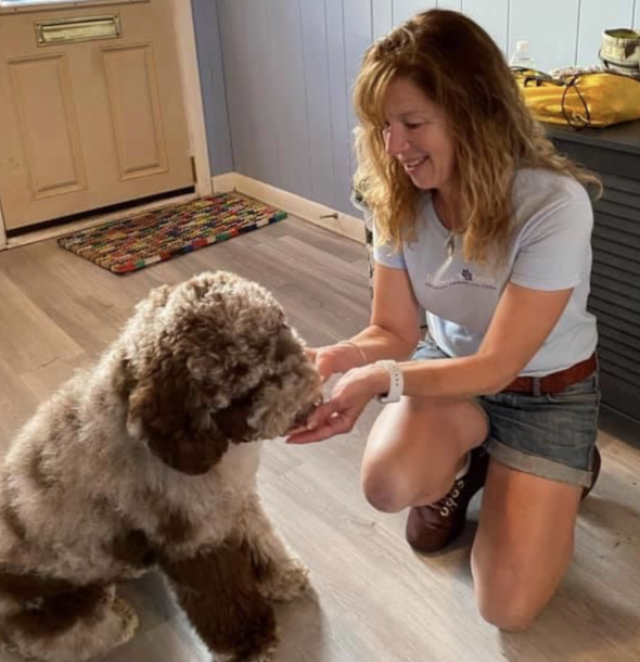 Author Debbie Sheridan sitting on the floor with a medium-sized brown and white fluffy dog