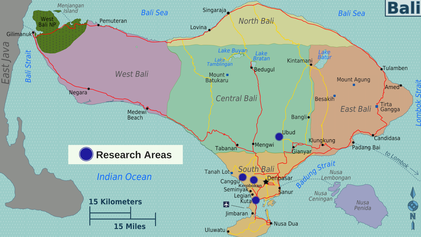 Map of Bali and Research Areas - Authors Burmesedays, Peter Fitzgerald, Marco Adda [CC BY-SA 4.0-3.0-2.5-2.0-1.0])
