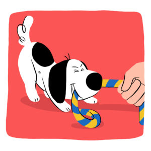 cartoon of dog playing with a tug toy being held by a person's hand