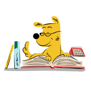 Cartoon of a dog wearing glasses, reading a book. Looks like a student.