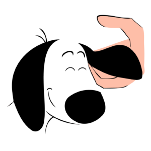 Drawing of smiling dog's head leaning into the human hand scratching his ear.