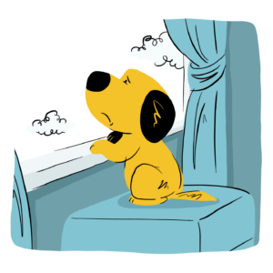 Cartoon drawing of sad dog looking out the window