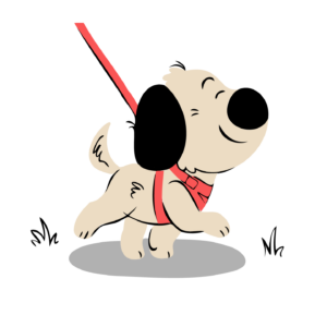 Cartoon of a happy dog wearing a harness, walking on a leash.
