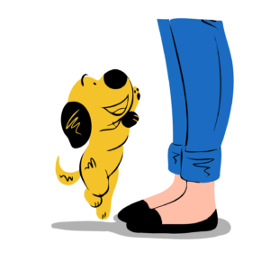Drawing of a little dog jumping up towards a person's legs.