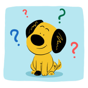 cartoon of puppy surrounded by question marks