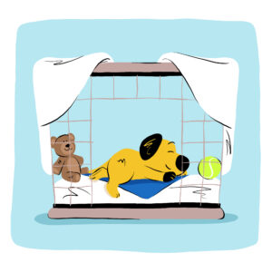 Cartoon of a dog resting in an area with blankets and toys