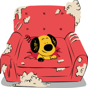 Cartoon of a dog popping out of a tattered sofa.