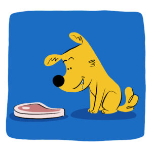 Cartoon of puppy drooling while looking at steak on the ground