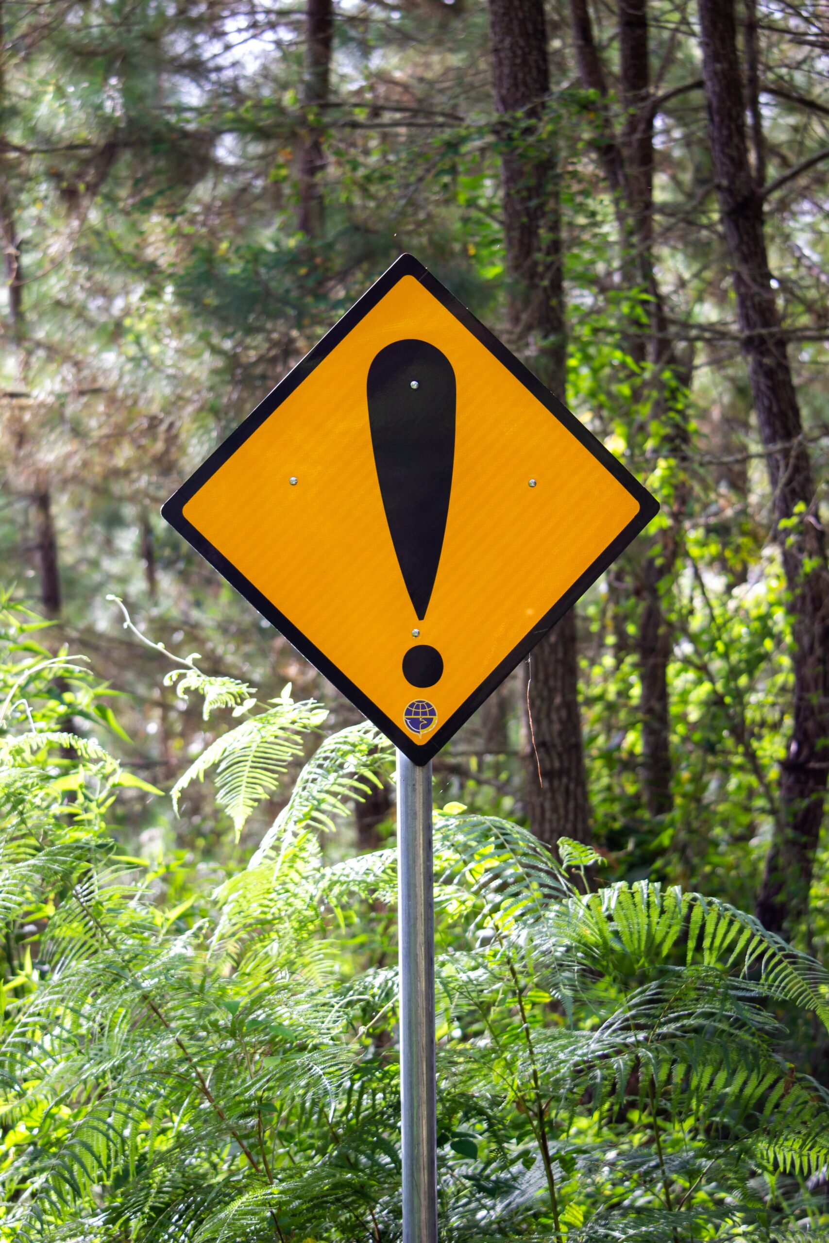 Yellow road sign in diamond shape with large exclamation point graphic