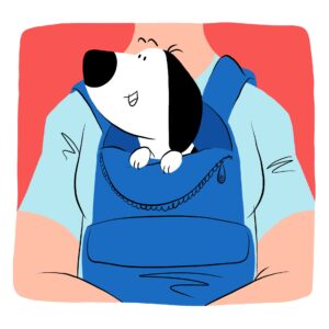 Cartoon of puppy engaging with the outside world, while in a rucksack worn by a person